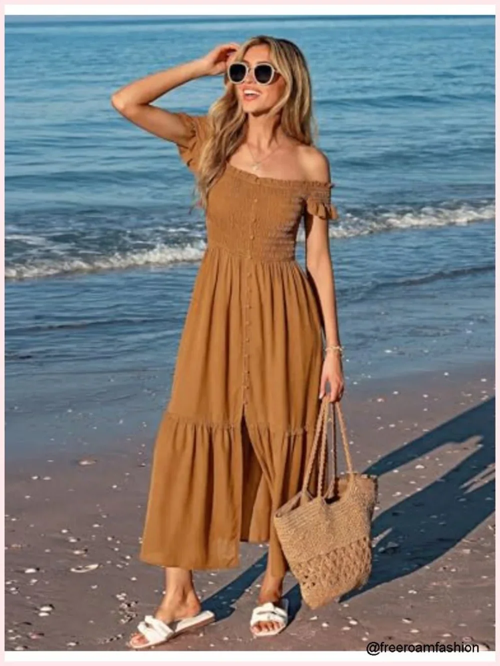 Square Neck Smocked Midi Dress with Pockets Flowy Ruffle Sleeves